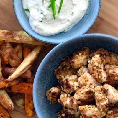 Popcorn Chicken and Chips with a Creamy Cashew & Chive Sauce