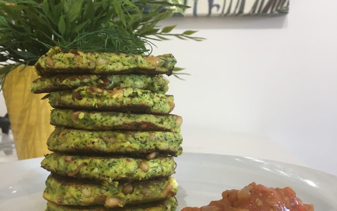 Broccoli, Goats Cheese and Pine Nut Fritters with a simple Tomato Chutney