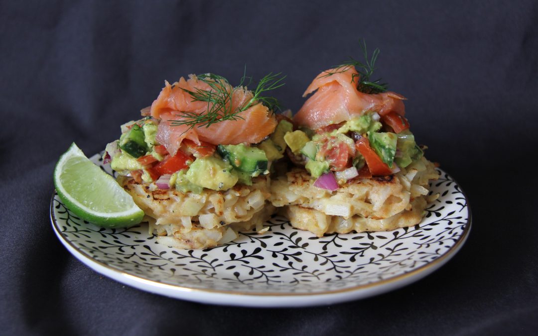 Potato Cakes with Avocado Salsa and Smoked Salmon