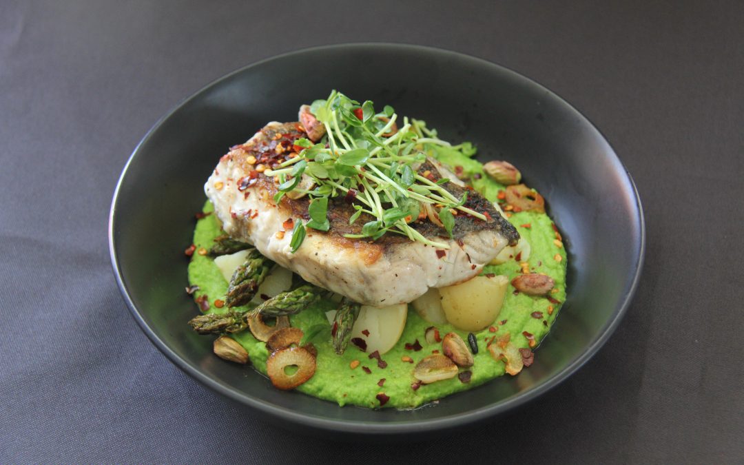 Crispy-Skinned Barramundi with Pea Puree and Vegetables