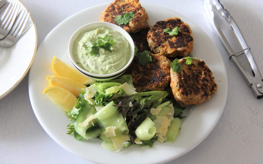 Salmon Cakes with a Green Salad and Avocado Dressing