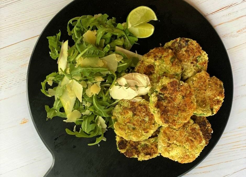 Cauliflower and Quinoa Fritters with a Pear and Parmesan Salad