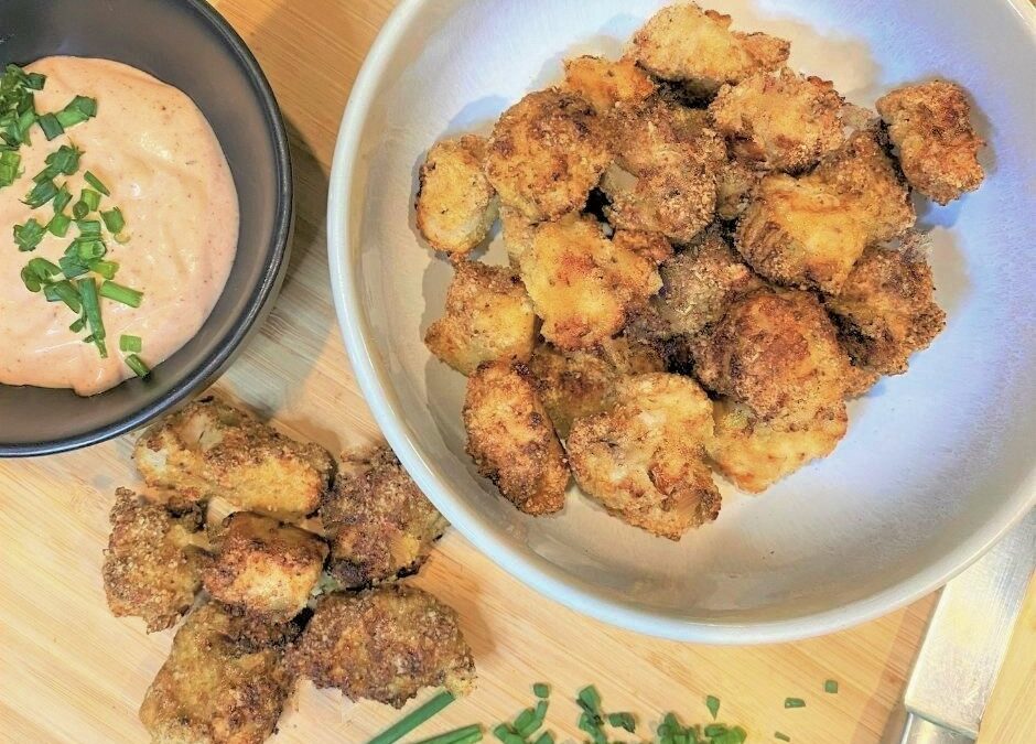 Air fryer popcorn chicken with a ranch dipping sauce