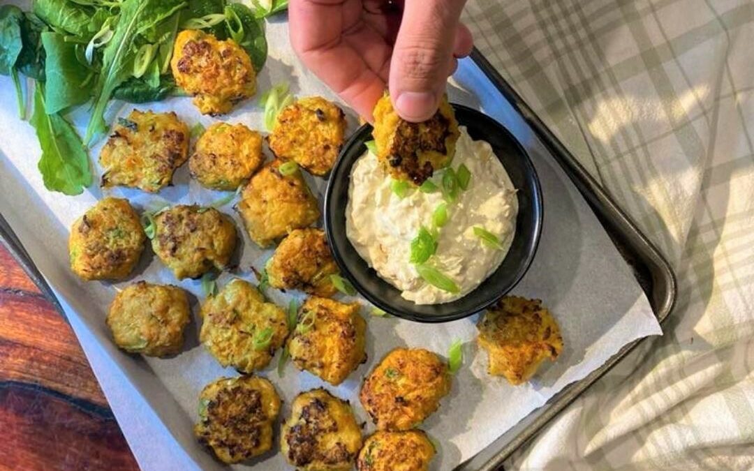 Chicken and sweet potato bites with French onion dipping sauce