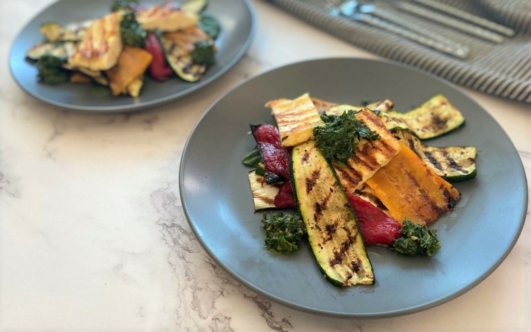 Grilled Vegetable and haloumi stack with pesto