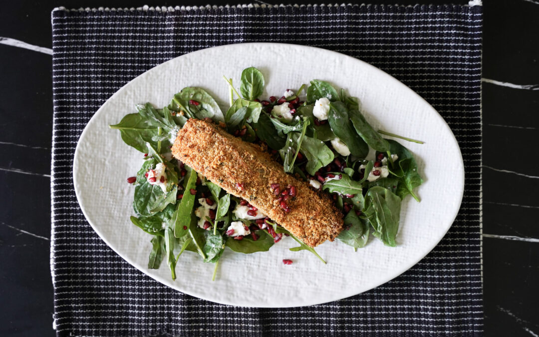 Crumbed Salmon with a Pomegranate and Goats Cheese Salad